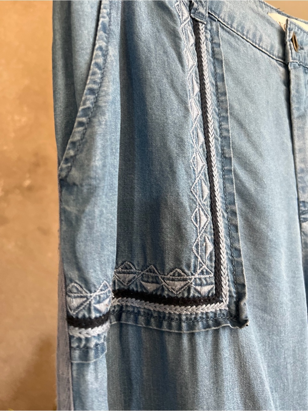 Light Blue Embroidered 100% Lyocell Casual Straight leg Pants - Garden Girl